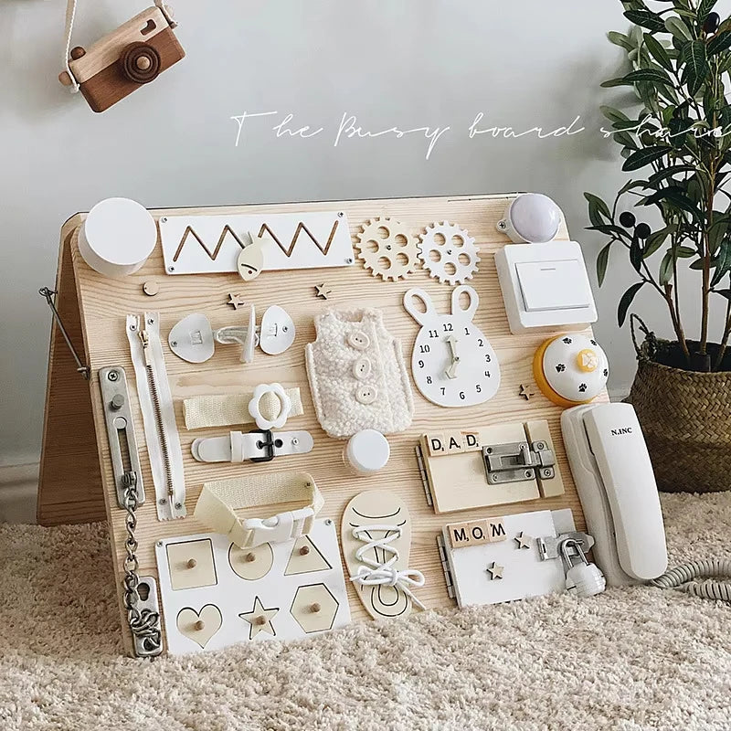Busy Board Montessori en Bois — Éveil Sensoriel Bébé 1-3 ans